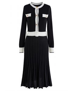 Robe plissée en tricot de couleur contrastée avec ceinture en noir