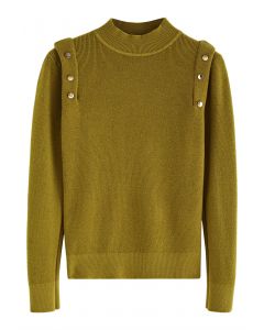 Buttons Embellished Mock Neck Knit Top in Moss Green