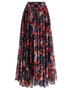 Fully Bloomed Red Floral Chiffon Maxi Skirt