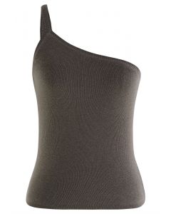 Strappy One-Shoulder Knit Tank Top in Taupe