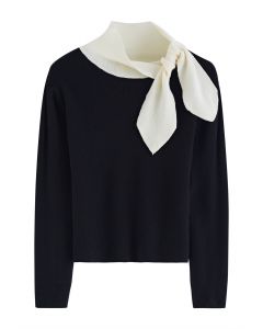 Contrast Tie-Knot Neck Knit Top in Black