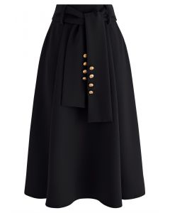 Buttoned Belted Flare Midi Skirt in Black