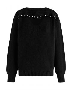 Cutout Pearl Neckline Knit Sweater in Black
