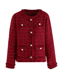 Nobby Collarless Grid Tweed Jacket in Red