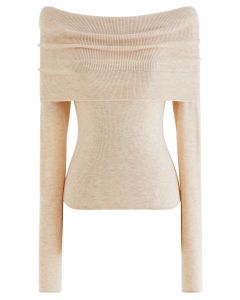 Fold Over Off-Shoulder Knit Top in Apricot