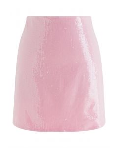 Scintillating Sequin Embellished Mini Bud Skirt in Pink