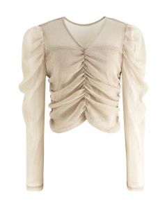 Scintillant V-Neck Ruched Front Top in Sand