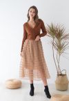 Jupe mi-longue en tulle à mailles roses 3D en caramel