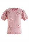 Haut en tricot à fleurs au crochet en rose