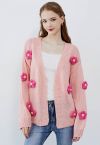Cardigan en tricot ouvert sur le devant à fleurs en point 3D en rose