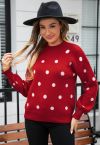 Adorable pull en tricot à col montant à pois en rouge