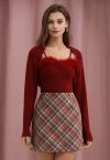 Mini-jupe bourgeon rétro en laine mélangée à carreaux en rouge