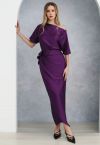 Robe longue en satin à manches courtes et taille enveloppée en violet