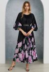 Blossoming Day - Robe longue plissée aquarelle en noir