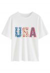 T-shirt à col rond imprimé lettre USA