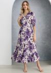 Robe portefeuille à volants en jacquard floral violet