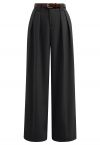 Pantalon droit avec ceinture en similicuir, noir