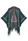 Poncho à ourlet frangé à motif géométrique en vert foncé