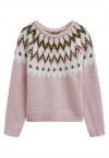 Pull côtelé Fair Isle Winter Whimsy en rose