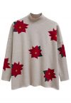 Pull en tricot oversize à col montant et motif poinsettia de Noël