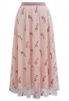 Shimmer Candy Cane Mesh Tulle Midi Skirt in Pink