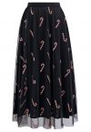 Shimmer Candy Cane Mesh Tulle Midi Skirt in Black