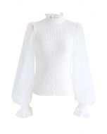 Haut en tricot côtelé transparent à manches boules en blanc