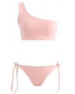 Ensemble de bikini taille basse à une épaule noué sur le côté en rose