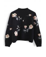 Digital Floral Print Embroidered Knit Sweater in Black