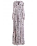 Superbe robe maxi portefeuille en mousseline de soie à imprimé floral lavande
