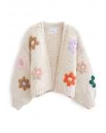 Cardigan épais tricoté à la main Stitch Flowers en crème