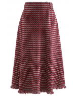 Jupe mi-longue en tricot pied-de-poule à ourlet frangé en rouge