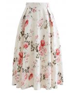 Embossed Floral Pleated Midi Skirt in Ivory