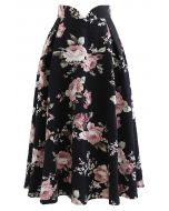 Embossed Floral Pleated Midi Skirt in Black