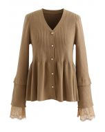 Lace Inserted Peplum Knit Top in Caramel