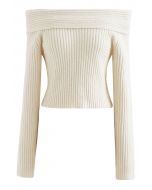 Courtly Off-Shoulder Fuzzy Crop Knit Top in Cream