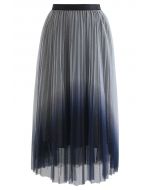 Jupe mi-longue plissée à paillettes en maille dégradée en bleu poussiéreux