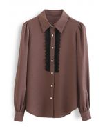 Scalloped Mesh Decorated Button Down Shirt in Berry