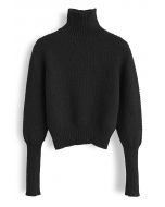 High Neck Waffle Knit Crop Sweater in Black