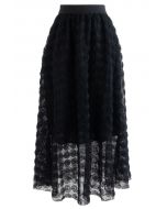 3D Rose Mesh Tulle Midi Skirt in Black
