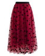 3D Heart Double-Layered Mesh Maxi Skirt in Red