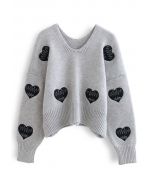 Pull en tricot à col en V et écusson Heartbeat en gris