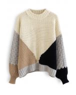 Pull épais tricoté à la main avec blocs de couleurs en fauve clair