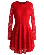 Charmant Robe Ombellée en Dentelle Florale Rouge