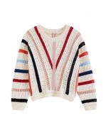 Pull en tricot creux à rayures colorées en forme de V