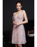 Enchanting Sequined Tie-String Cocktail Dress in Pink