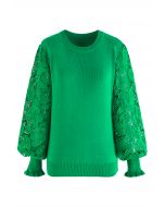 Haut en tricot à manches crochet Paisley en vert