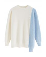 Pull bicolore en tricot flou à ourlet asymétrique en crème