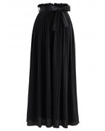 Pantalon large plissé à taille nouée en noir