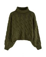 Pull court en tricot tressé à col roulé en vert armée